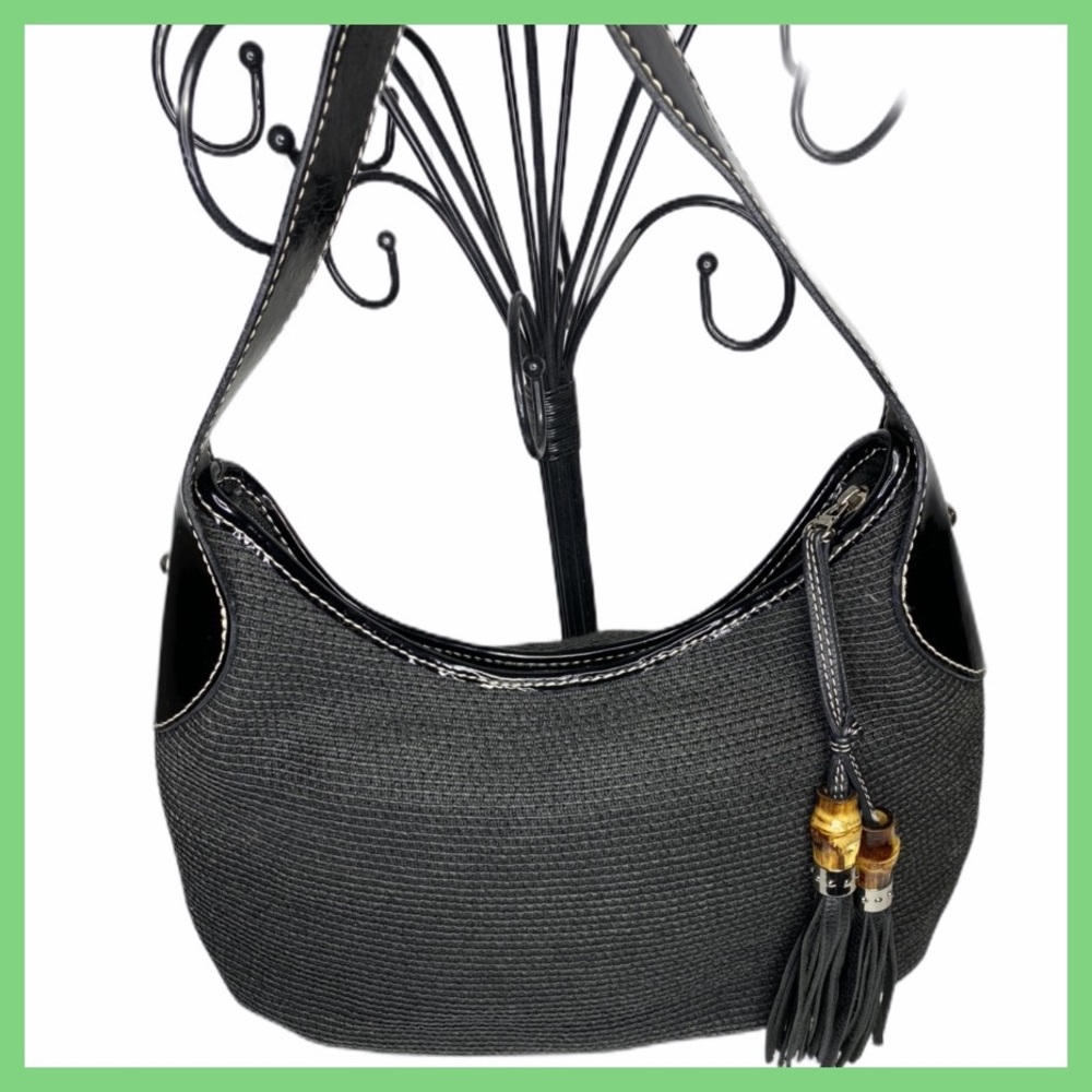 Talbot’s Black Straw And Patent Bag With Bamboo
